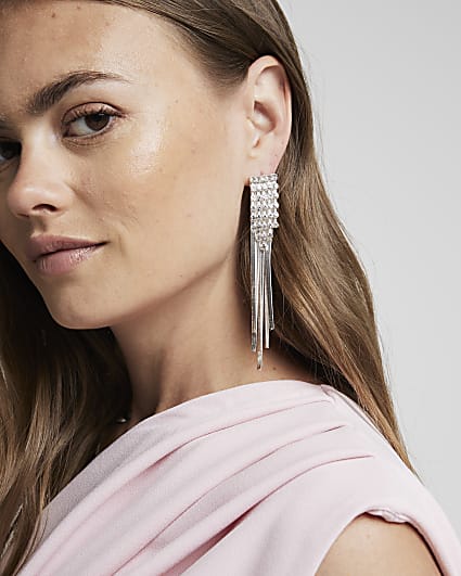 Silver diamante fringe drop earrings