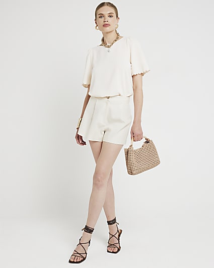 Beige scallop sleeve t-shirt