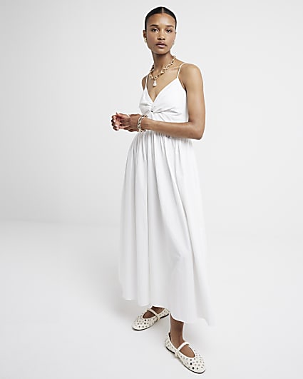 White  Twist Front Skater Midi Dress