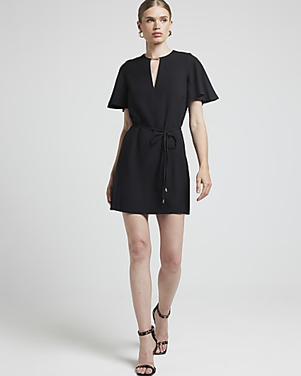 Black cut out flute sleeve shift mini dress