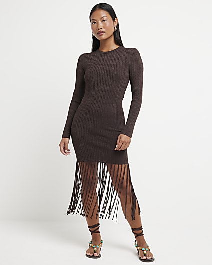 Petite brown metallic fringe midi dress