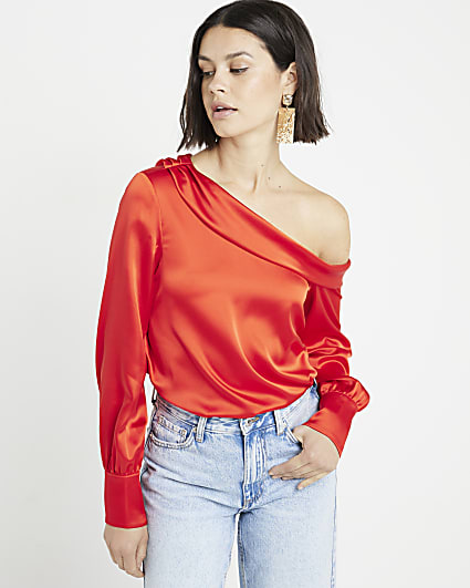 Red Satin Off Shoulder Blouse