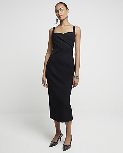 Black  Ruched Open Back Bodycon Midi Dress