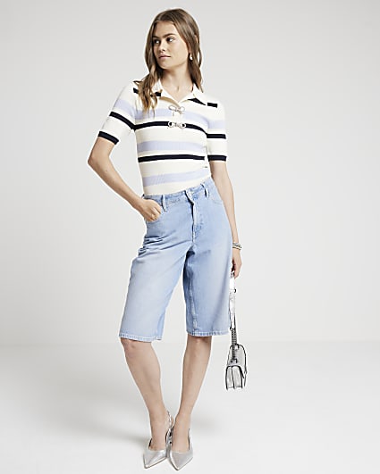 Blue knit stripe bow detail polo t-shirt