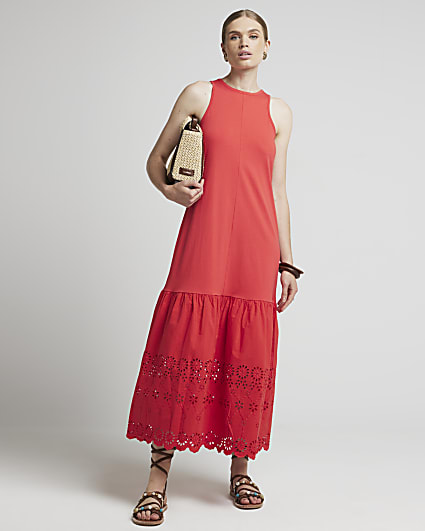 Red Broderie Hem Shift Midi Dress