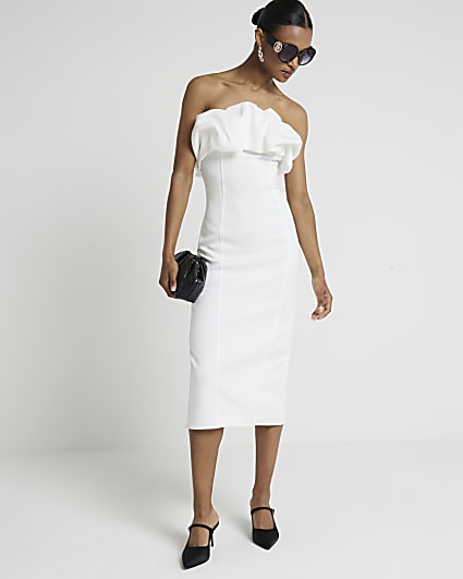 White bandeau bodycon midi dress