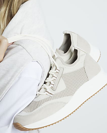 Beige knit lace up trainers