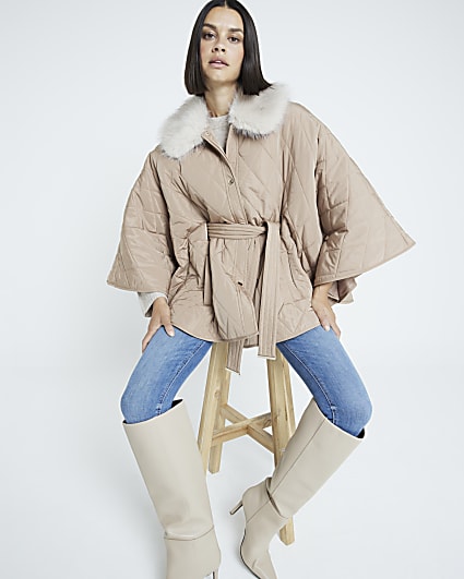 Beige Quilted Faux Fur Collar Cape Jacket