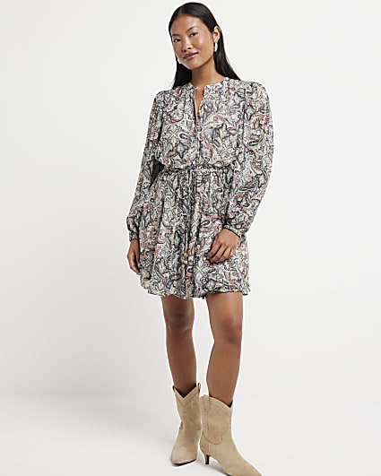 Petite Beige paisley drawstring mini dress