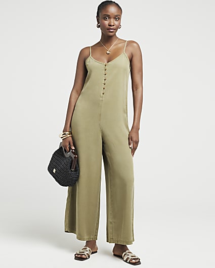 Khaki button up cami jumpsuit