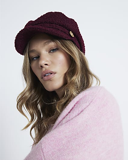 Red boucle baker boy hat