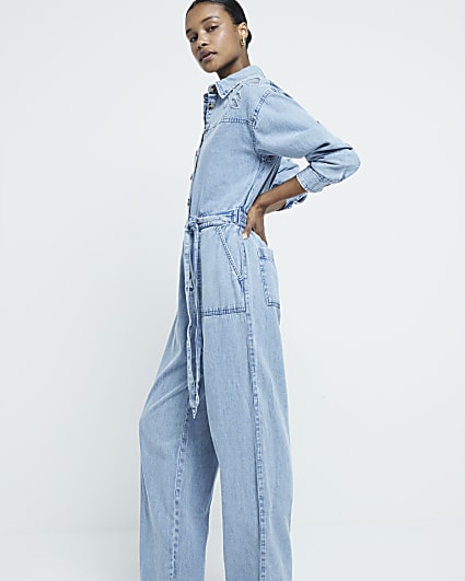 Blue Denim Cutwork Jumpsuit