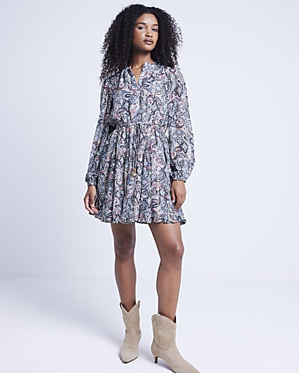 Beige paisley print smock mini dress