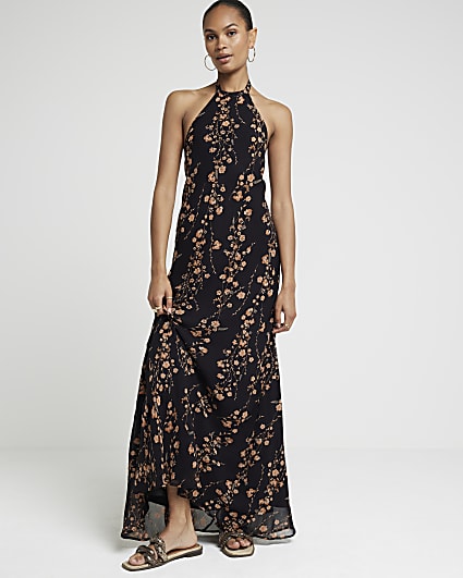 Black floral bodycon halter neck maxi dress