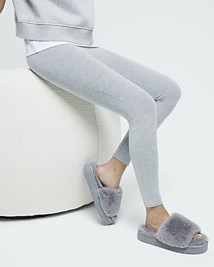 Grey faux fur open toe platform slippers