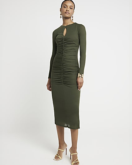 Khaki ruched cut out bodycon midi dress