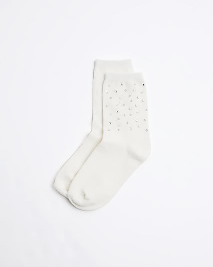 Cream pearl embellished socks