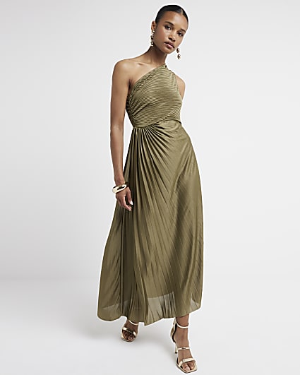 Khaki plisse asymmetric swing midi dress