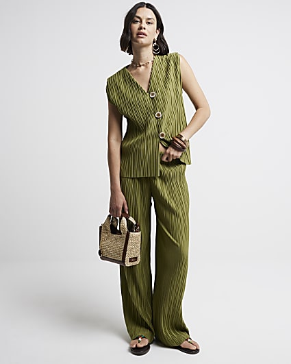 Khaki Plisse Wide Leg Trousers