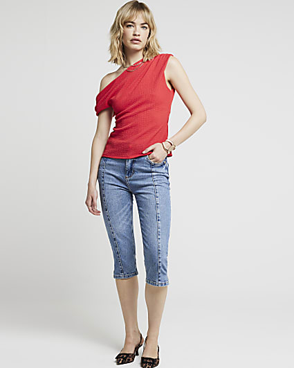 Red Textured One Shoulder Drape Top