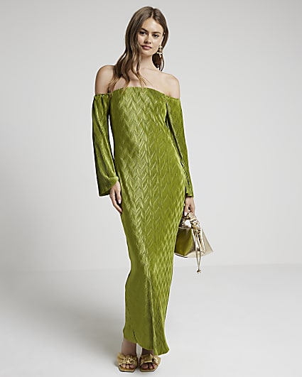 Green plisse wave bardot bodycon maxi dress