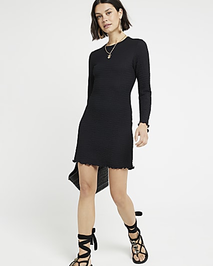 Black textured shift mini dress