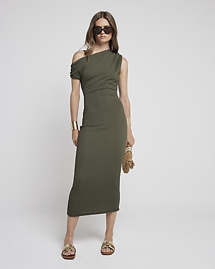 Khaki Drape Off Shoulder Bodycon Midi Dress