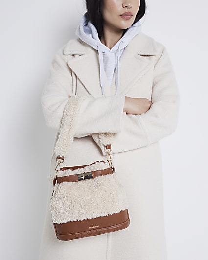 Beige borg bucket bag