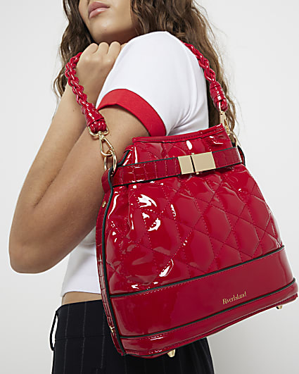 Red patent quilted bucket bag