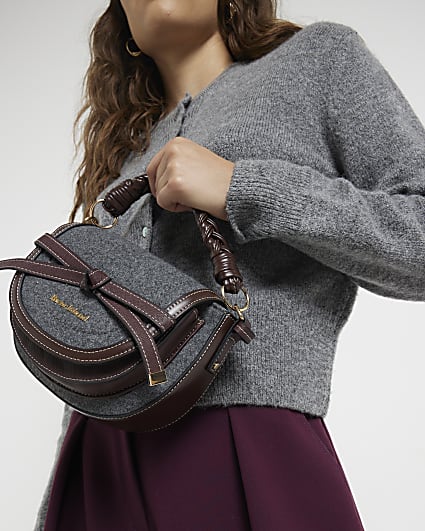 Grey faux wool panel cross body bag