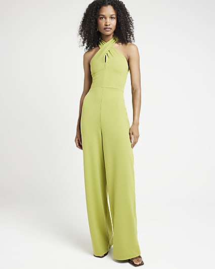 Green Crossed Halter Neck Jumpsuit