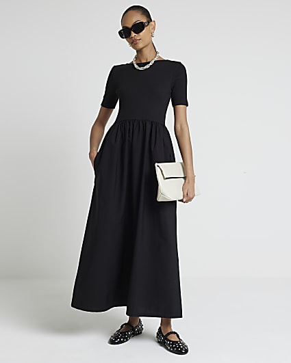 Black scoop back shift midi dress