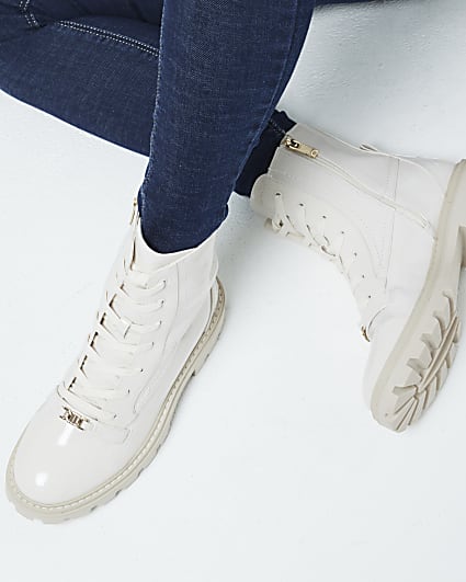 Cream Patent Lace Up Boots