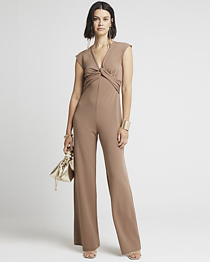 Brown twist plunge jumpsuit