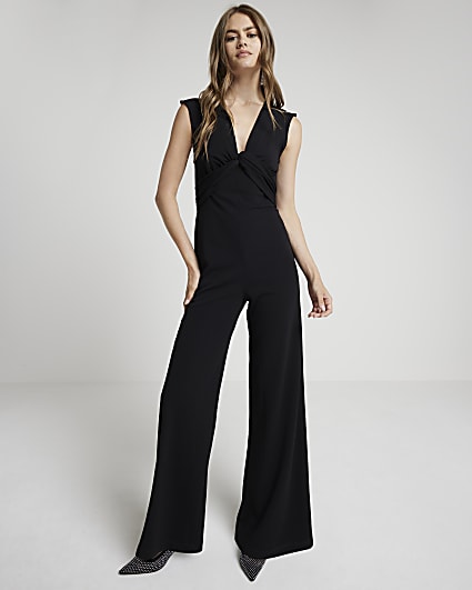 Black twist front plunge jumpsuit