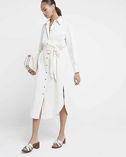 Cream stripe belted midi shirt dress