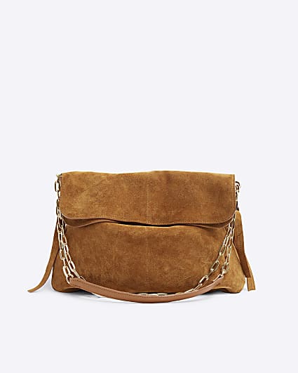 Brown suede fold over shoulder bag