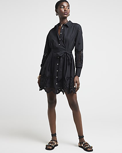 Black broderie belted mini shirt dress