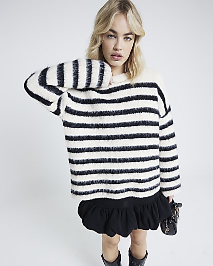 Black Fluffy Knit Stripe Jumper