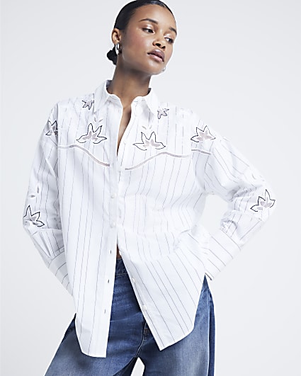 Cream Stripe Broderie Detail Shirt