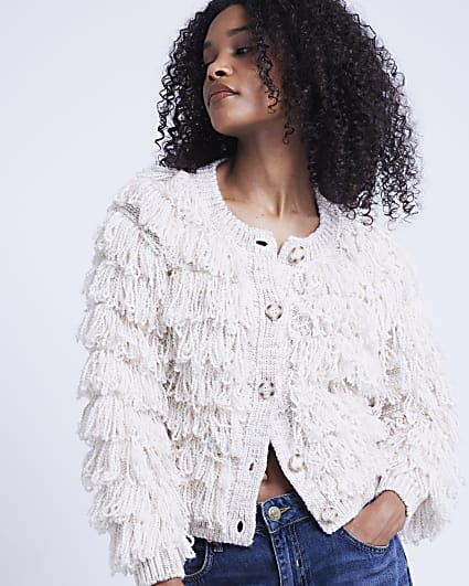 Cream fringe button up cardigan