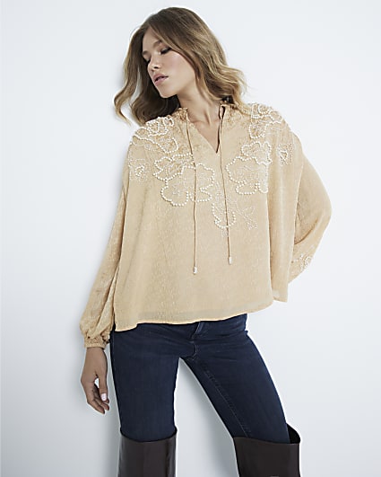 Beige Tie Neck Pearl Blouse