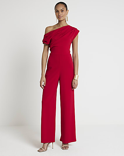 Red Off Shoulder Drape Jumpsuit