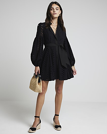 Black broderie belted mini shirt dress