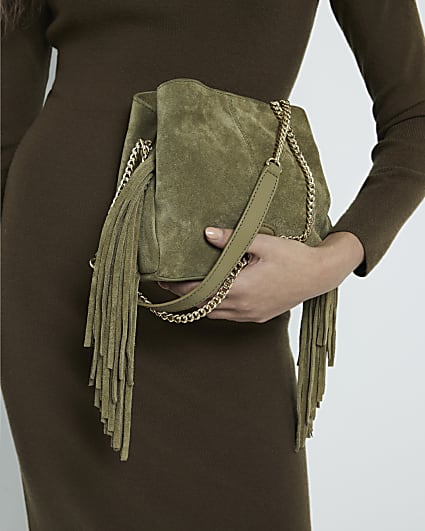 Green Suede Fringed Cross body bag