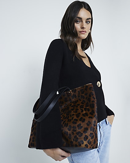 Brown Leather Leopard Shopper Bag