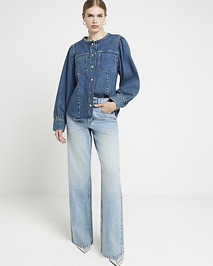 Blue high waisted relaxed straight jeans