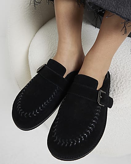 Black Suede Buckle Clog Shoes