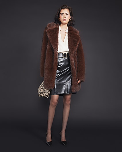 Dark brown mid length faux fur coat