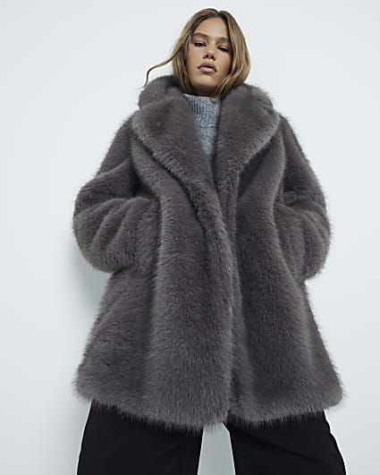 Grey mid length faux fur coat